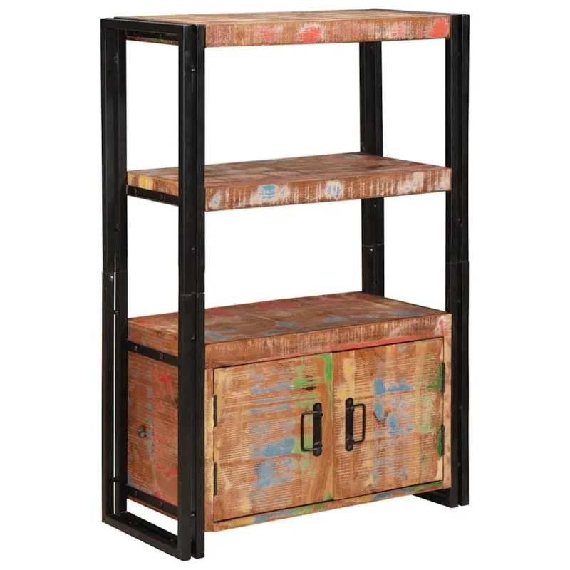 Librería con puertas, color marrón, madera maciza reciclada y metal. - pangivo