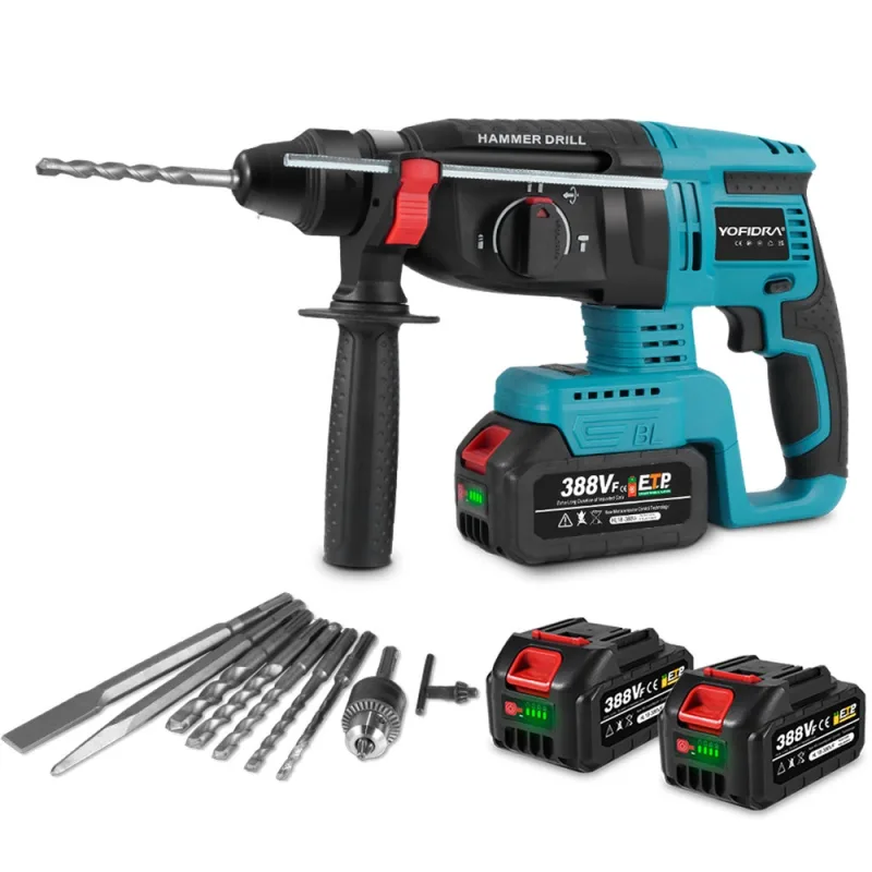 Taladro de martillo inalámbrico martillo de impacto sin escobillas máximo 0-900 rpm sds-plus 4 en 1 broca de taladro con 2 baterías y 10x cincel