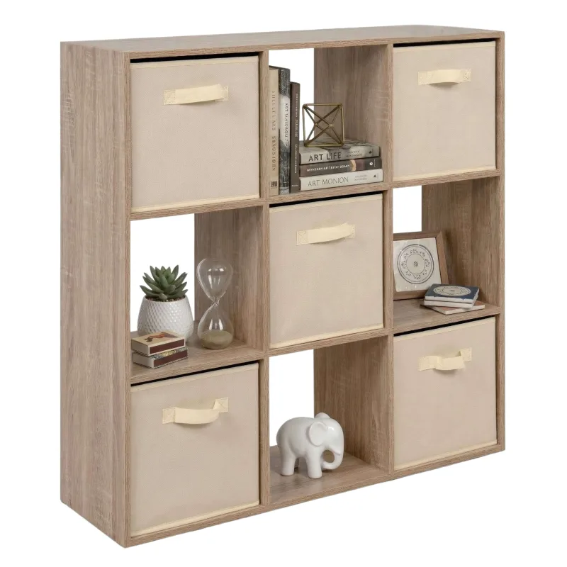 Estantería 9 cubos abril, librería cuadrada 5 cajones tela, sala de estar roble sonoma y beige 89x89x28 cm