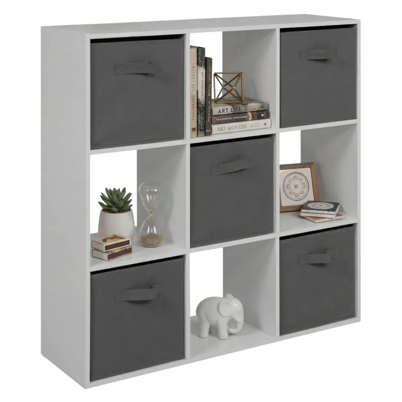 Estantería librería 9 cubos abril, 5 cajones tela, salón, oficina blanco mate y gris 89x89x28 cm