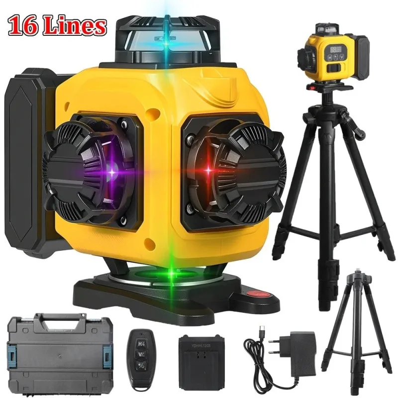 Nivel láser 4d de 16 líneas con control remoto, 4 haces de color, potentes líneas horizontales y verticales de 360°, indicador de potencia.