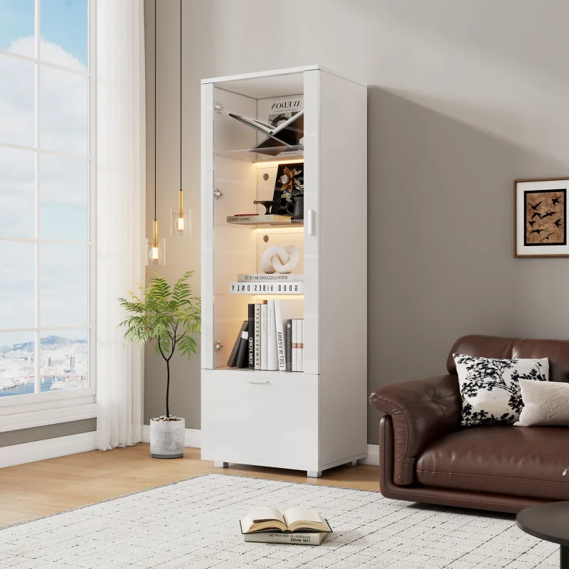 Vitrina blanca brillante 50x40x160cm con puertas acrílicas, led y 3 estantes de vidrio templado para colecciones y decoración