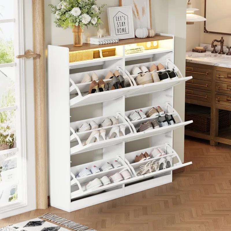 Zapatero moderno 6 puertas abatibles con led y 2 estantes abiertos, blanco y madera natural 120x130x24 cm