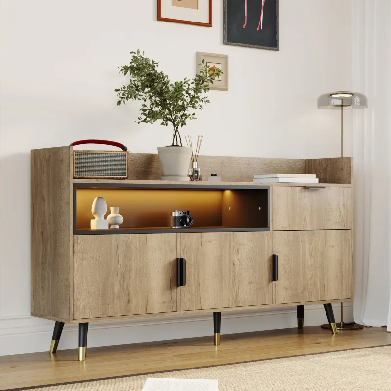 Sideboard moderno minimalista madera clara/estructura negra, estantes abiertos, cajón central, puertas abatibles, salón/oficina – 120x40x80 cm