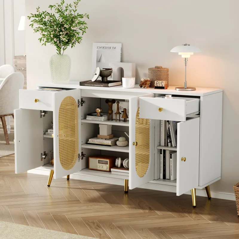 Aparador/comoda/sideboard con 2 cajones y 4 puertas, estantes regulables, blanco y madera natural 140x35x82 cm