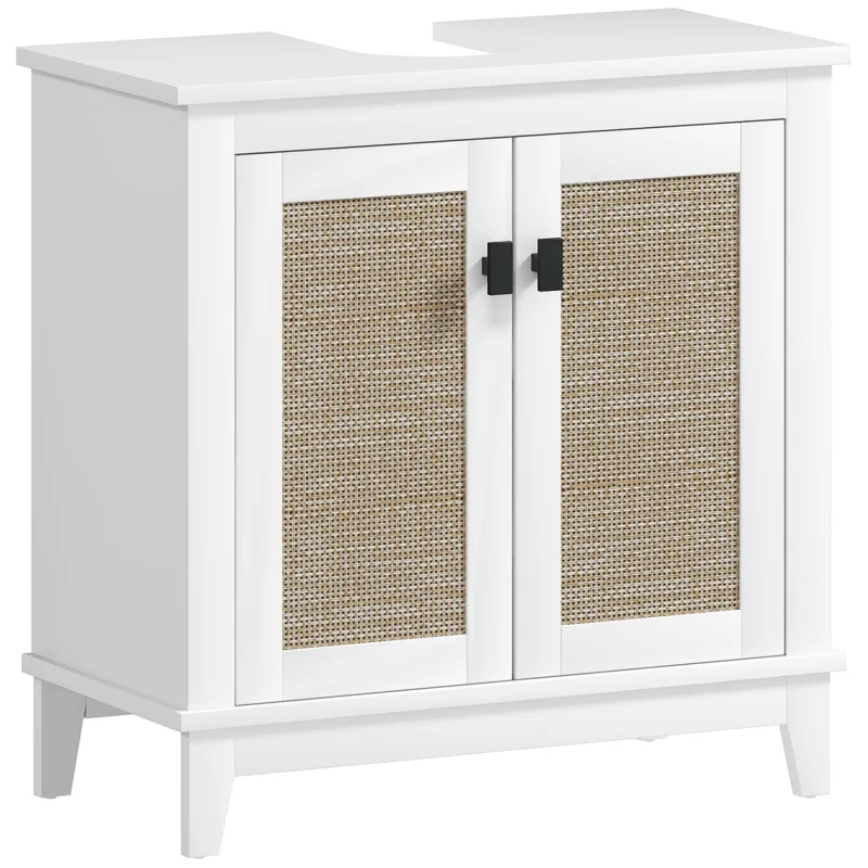 Mueble lavabo apoyo 60cm blanco 2 puertas mimbre baño almacenaje