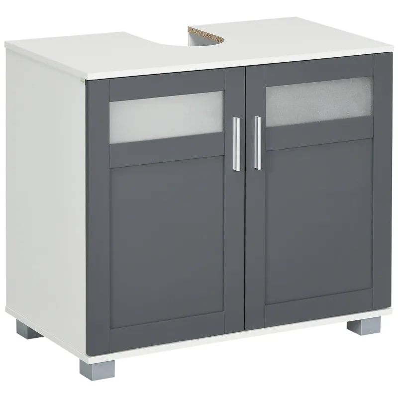 Mueble bajo lavabo 2 puertas cristal templado estante ajustable 69x35x59cm blanco gris