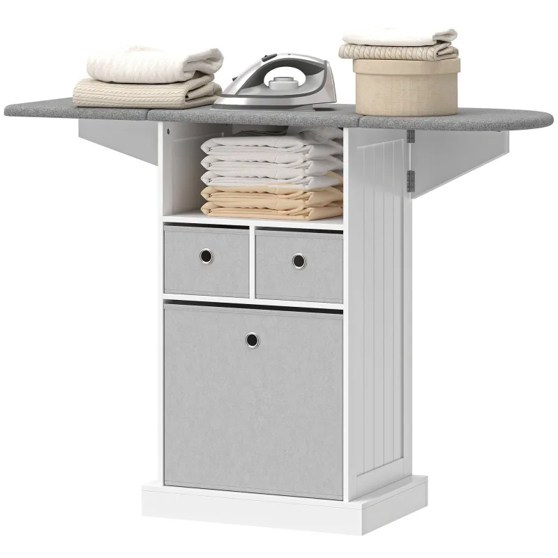 Mueble planchar con ruedas y 3 cajones plegable 121x37x89cm blanco