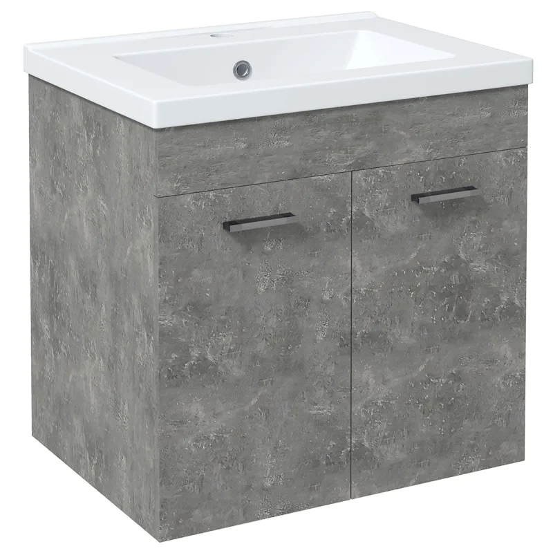 Mueble suspendido baño 60cm gris con lavabo cerámico 2 puertas