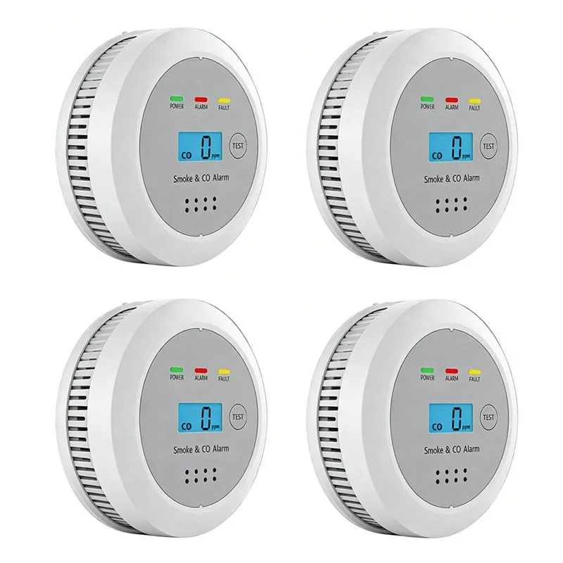 4 detectores de humo y monóxido de carbono 2 en 1 con pantalla: alarma audible de 85 db, advertencia de co (detector independiente a pilas)