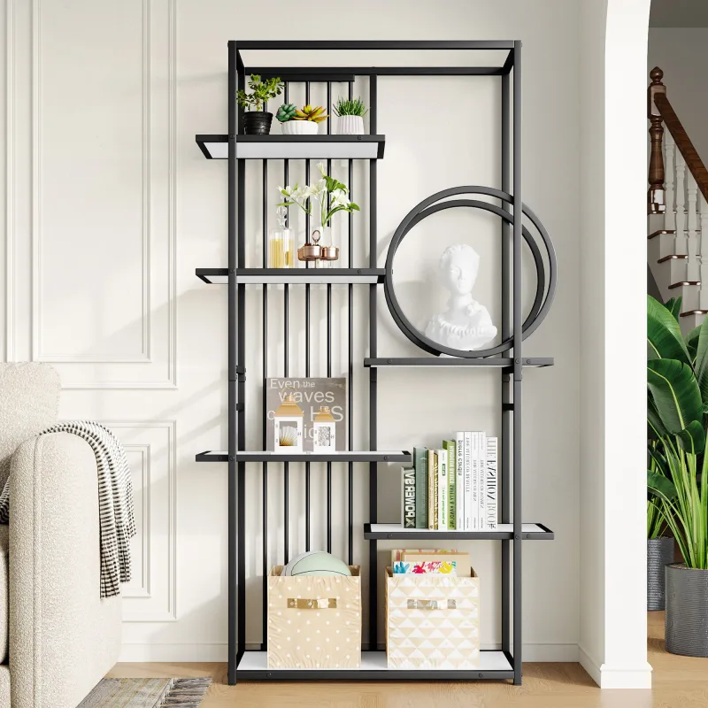 Librería moderna de metal 100x30x180 cm - estructura geométrica - blanco + negro