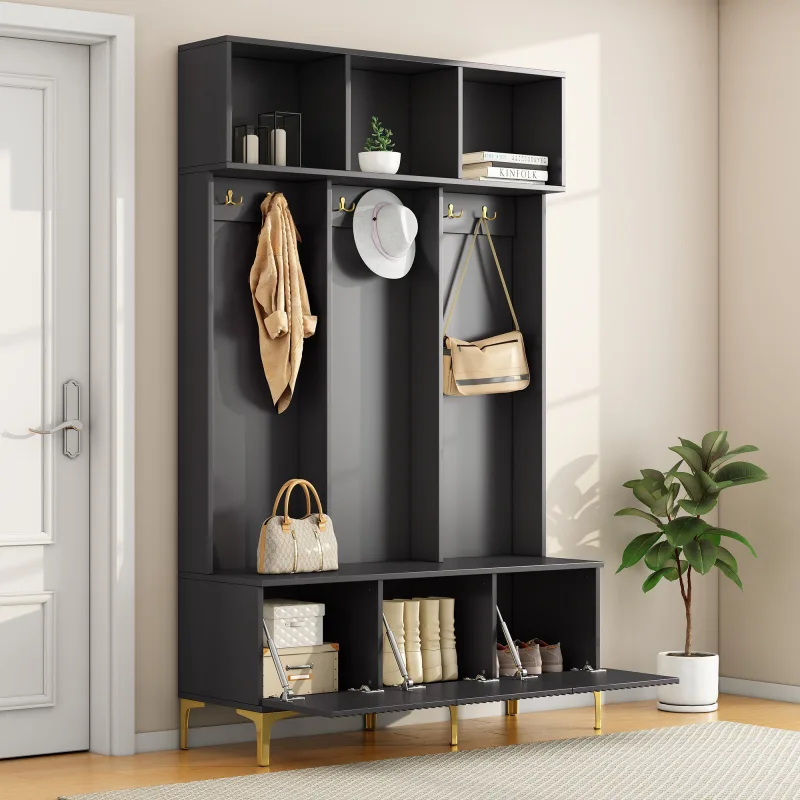 Mueble de entrada con banco 120 cm, almacenaje puertas ranuradas, 6 ganchos, negro