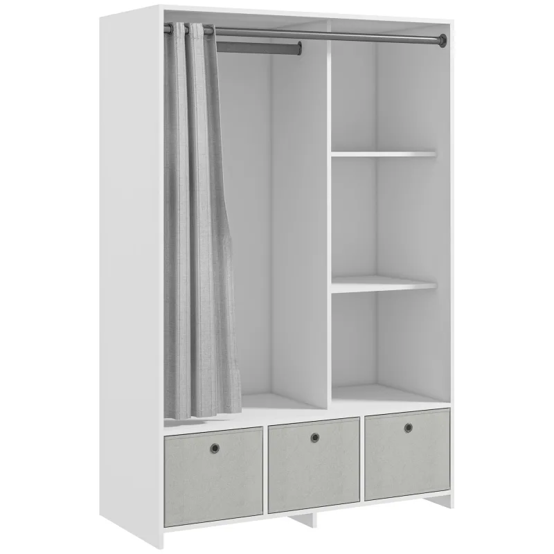 Armario, mueble de almacenamiento con barra para cortina, 3 cajones de tela extraíbles, 105 x 48 x 160 cm, blanco