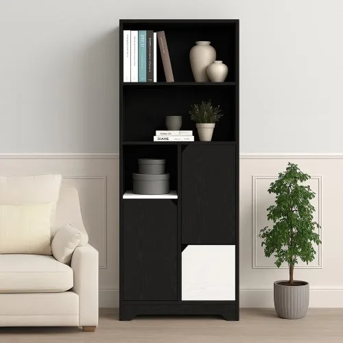 Estantería multifuncional con almacenamiento abierto, puertas y cajones, negro y blanco, gran capacidad moderna