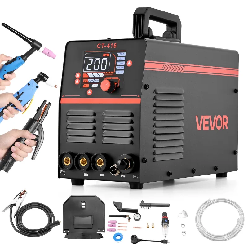 Soldadora 3 en 1 vevor 220 v, tig/mma/cut plasma 200 a/50 a, led, 2t/4t/pa/pt, pantalla digital, taller o reparaciones domésticas