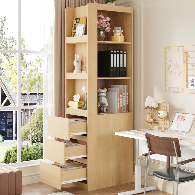 Librería con 3 cajones y compartimentos abiertos - 60 x 40 x 200 cm - tablero de partículas - roble