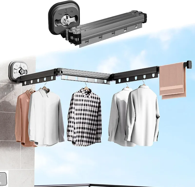 Tendedero retráctil - tendedero de pared con ventosa, portátil, ideal para organizar tu casa - 3 capas, negro