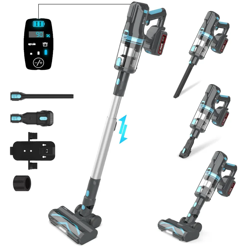 Aspiradora de escoba inalámbrica umlo v11,azul y gris – 2 en 1: aspiradora de mano y limpiadora de pisos,filtración hepa,motor de 300 w,batería de 400