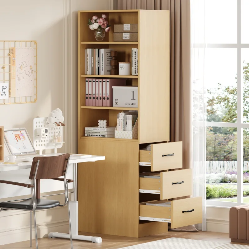 Librería estrecha con 3 cajones laterales, 60 x 38 x 180 cm, tablero de partículas, roble