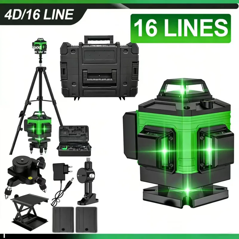Nivel láser de 16 líneas - luz verde, herramienta láser con cruceta 4d, autonivelación de 360°, con trípode, herramienta de construcción profesional.