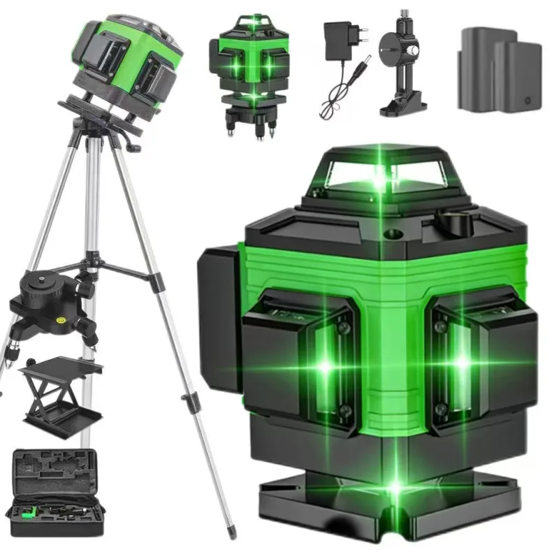 Fuleadture nivel láser de 16 líneas - verde, herramienta láser de nivelación automática 4d, nivel de cruz de 360°, con trípode, recargable, ip54