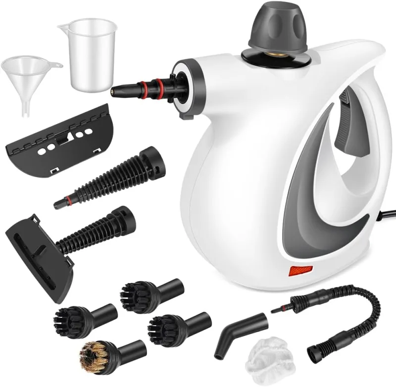 Limpiador a vapor a presión de mano con 12 accesorios para coches, muebles, suelos, azulejos, gris
