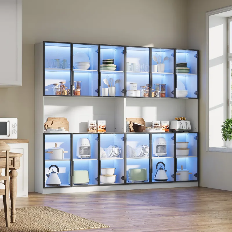 Vitrina alta con 12 puertas, iluminación led y puertas de cristal, 240 x 34 x 200 cm, mdf y cristal, color blanco