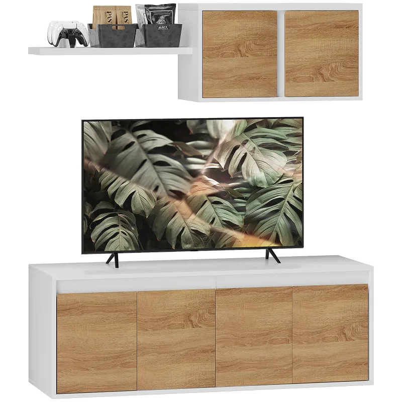 Mueble tv y mueble de pared homcom con 7 estantes y un estante abierto, mueble tv fabricado en aglomerado, 120 x 41 x 43,3 cm, color blanco y madera.