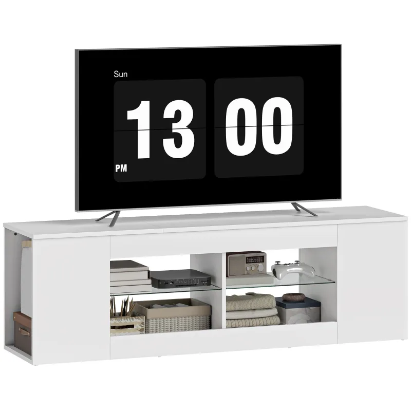Mueble tv 140 cm, 6 compartimentos, 2 estantes de cristal, aglomerado, blanco