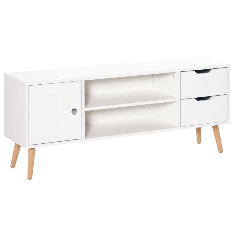 Mueble de tv homcom, estilo escandinavo, 2 estantes, 2 cajones, organizador de cables, tablero de partículas blanco, madera de pino
