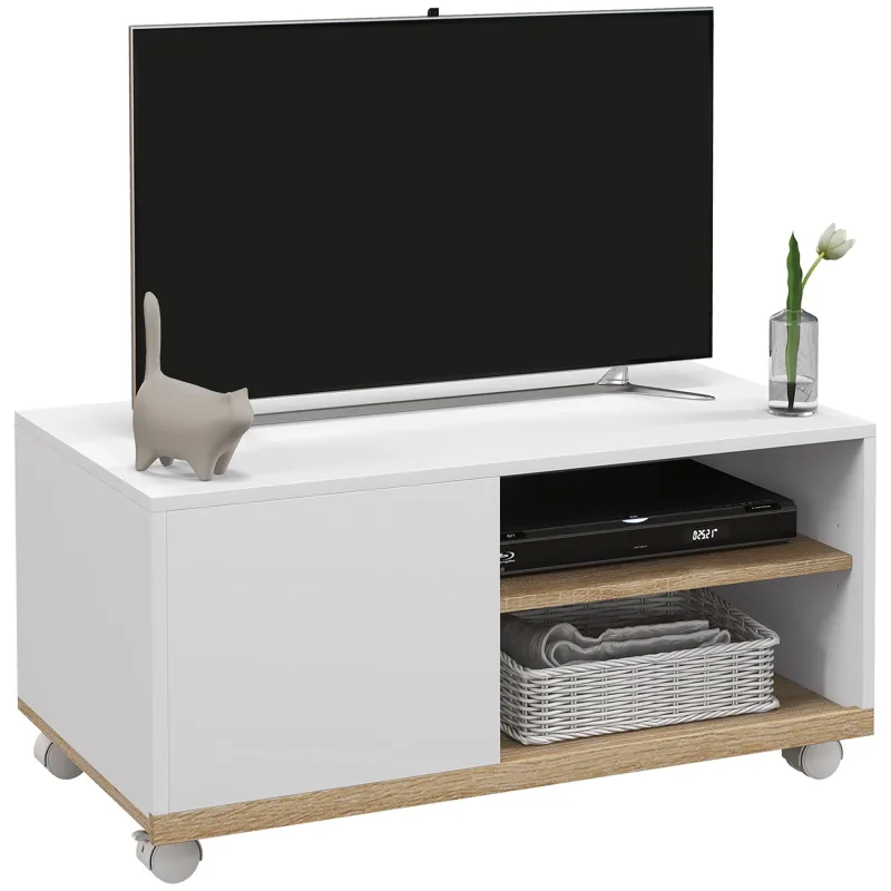 Mueble tv homcom con ruedas y 2 frenos - 2 estantes + puerta de armario con 2 orificios para pasar cables - en madera roble claro/blanco