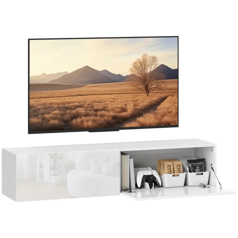 Mueble de tv de pared, mueble de tv suspendido con amplio espacio de almacenamiento y estantes, tablero de partículas, blanco
