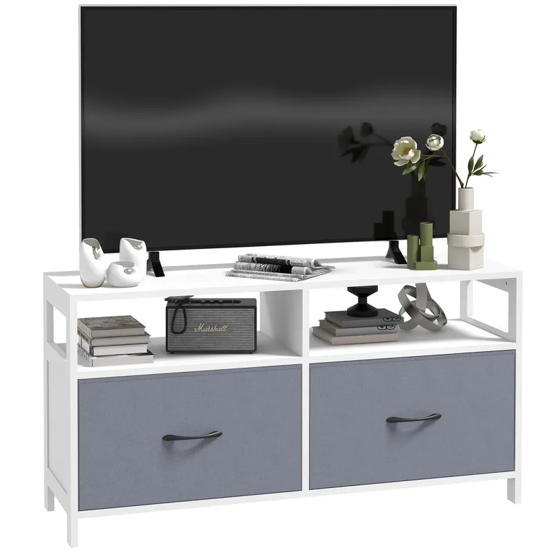 Mueble tv homcom max 45 en mdf y tejido no tejido con 2 cajones extraíbles y 2 estantes, 100 x 30 x 53 cm, blanco y gris