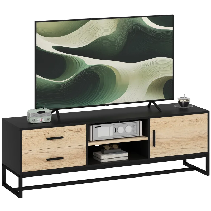 Mueble tv homcom con puerta, 2 cajones, compartimentos abiertos, estante regulable, color negro