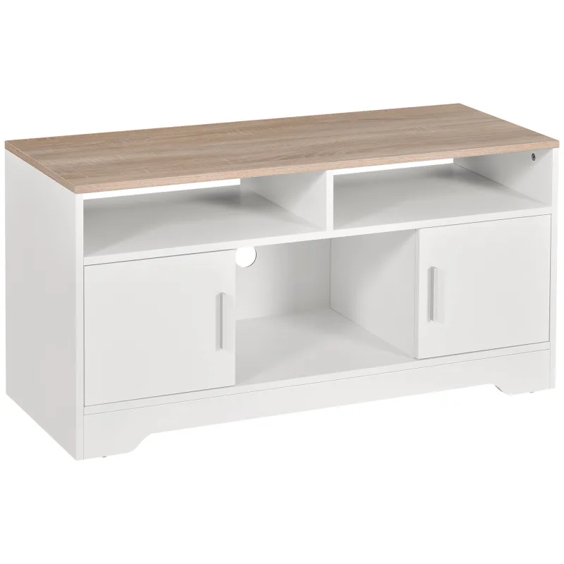 Mueble tv/banco de madera homcom, 2 estantes abiertos, 2 armarios con puertas y 1 estante abierto, 105 x 40 x 52 cm, color blanco.