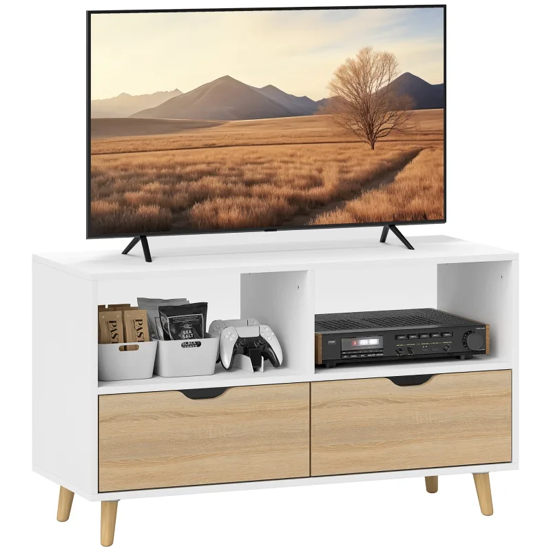 Mueble de tv con cajones y estantes abiertos, de madera, 99 x 39 x 58 cm, color blanco