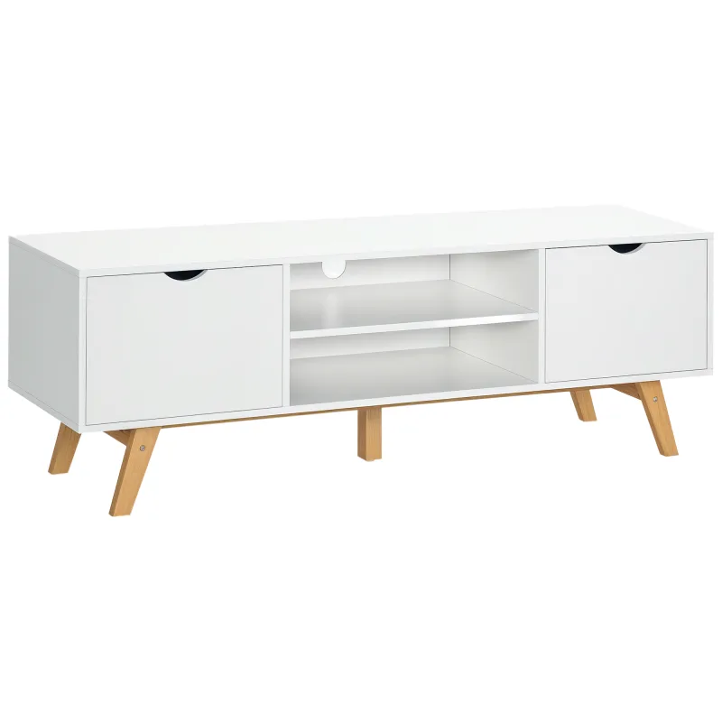 Mueble de tv/banco de estilo escandinavo moderno homcom con 2 puertas y 2 estantes en madera blanca, 150 cm de largo x 39 cm de ancho x 50 cm de alto