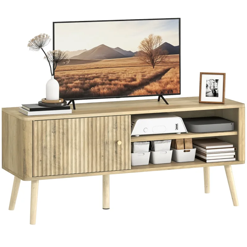 Mueble de tv, mueble de tv con puerta, compartimentos abiertos y estante regulable, 115x35x49cm, roble