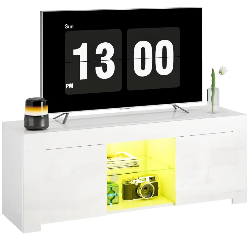 Mueble de tv con iluminación led, 2 puertas, estante de cristal, pasacables, para salón, aglomerado, blanco