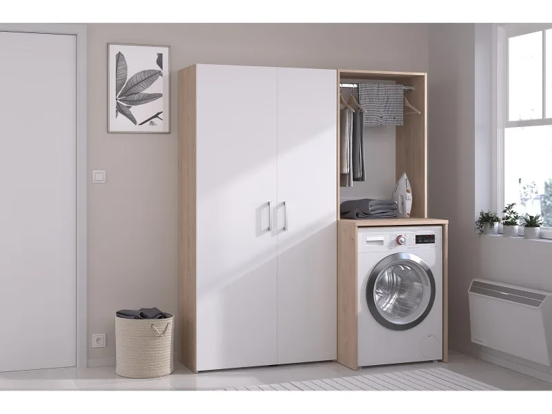 Mueble para lavadora con armario y columna de doble puerta - natural claro y blanco - an. 156 x alt. 184 - erkano