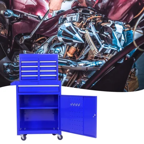 Caja de herramientas de garaje con 5 cajones, ruedas, estantes ajustables y parte superior extraíble, color azul