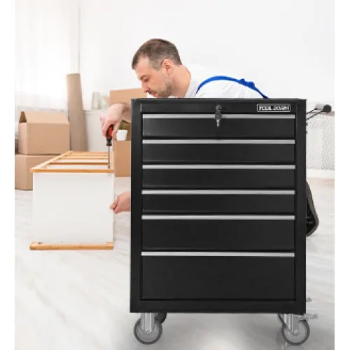 Carro de herramientas con 6 cajones y ruedas, gabinete de almacenamiento metálico negro para taller, garaje o reparación, 615 mm