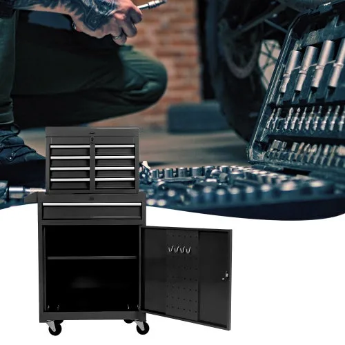 Caja de herramientas de garaje con 5 cajones, ruedas, estantes ajustables y tapa extraíble (negro)