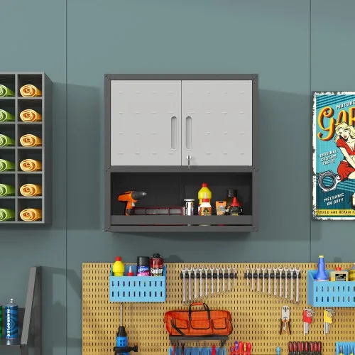 Armario de herramientas metálico montable con puerta cerrable, 1 balda y 1 cajón abierto - 75x77x30 cm, gris, para garaje, almacén, oficina