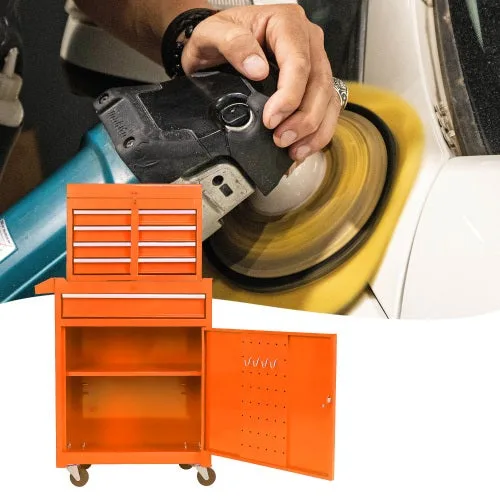 Caja de herramientas de garaje con 5 cajones, ruedas, estantes ajustables y parte superior extraíble, color naranja