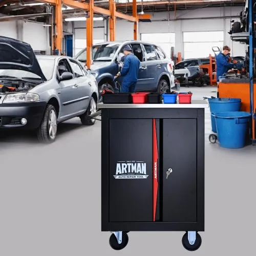 Carro de herramientas multifunción con puertas dobles y paneles de chapa - negro y rojo