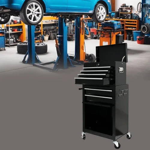 Cofre de herramientas con ruedas y 6 cajones, almacenamiento de alta capacidad, negro