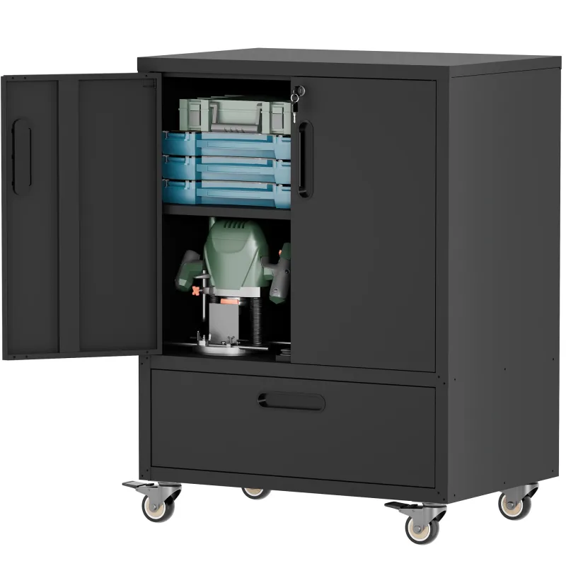 Armario de herramientas metálico con ruedas, robusto y espacioso (101.5x76x51 cm), negro/gris, ideal para garaje, taller, oficina o casa.