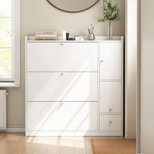 Organizador de entrada con zapatero abatible de 3 cajones y banco, armario de almacenamiento para pasillo, blanco, 119x24x122 cm