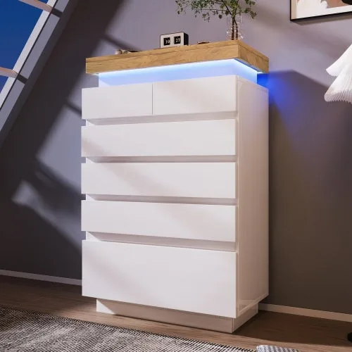 Cómoda de 6 cajones con iluminación led y control por app, mueble multiusos brillante para salón y dormitorio, 115x73x39 cm, color blanco